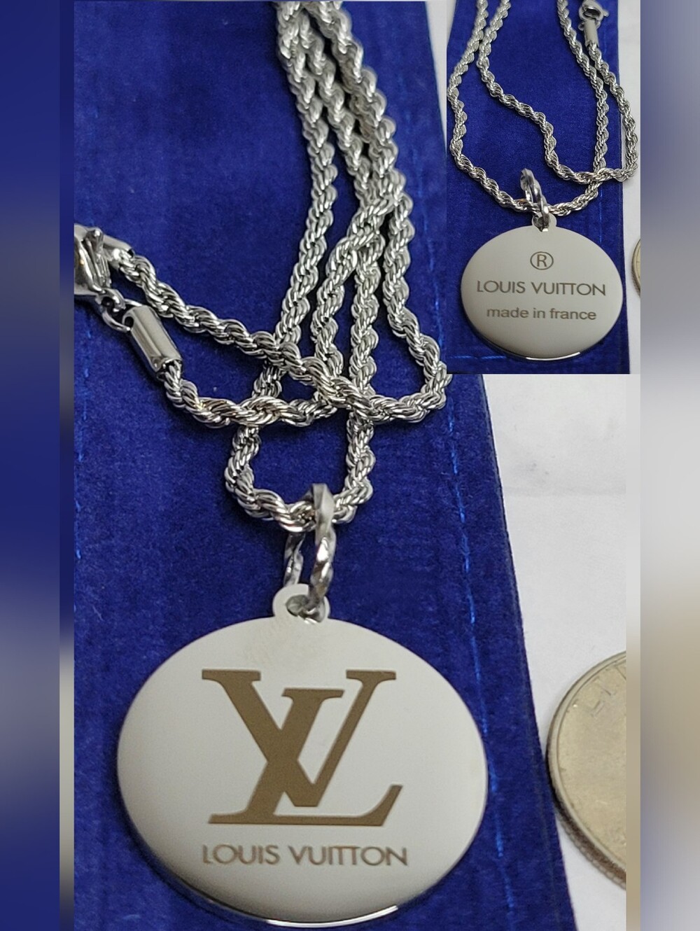 Stainless Steel 24" Rope Chain,Louis Vuitton Double Sided Disc, Unisex Necklace